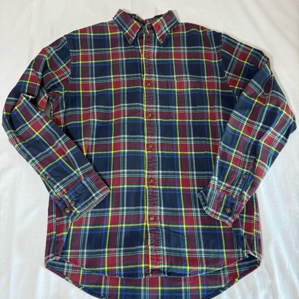 Lands End Flannel Shirt Mens Blue Plaid Button Down Collared Long Sleeve Size M